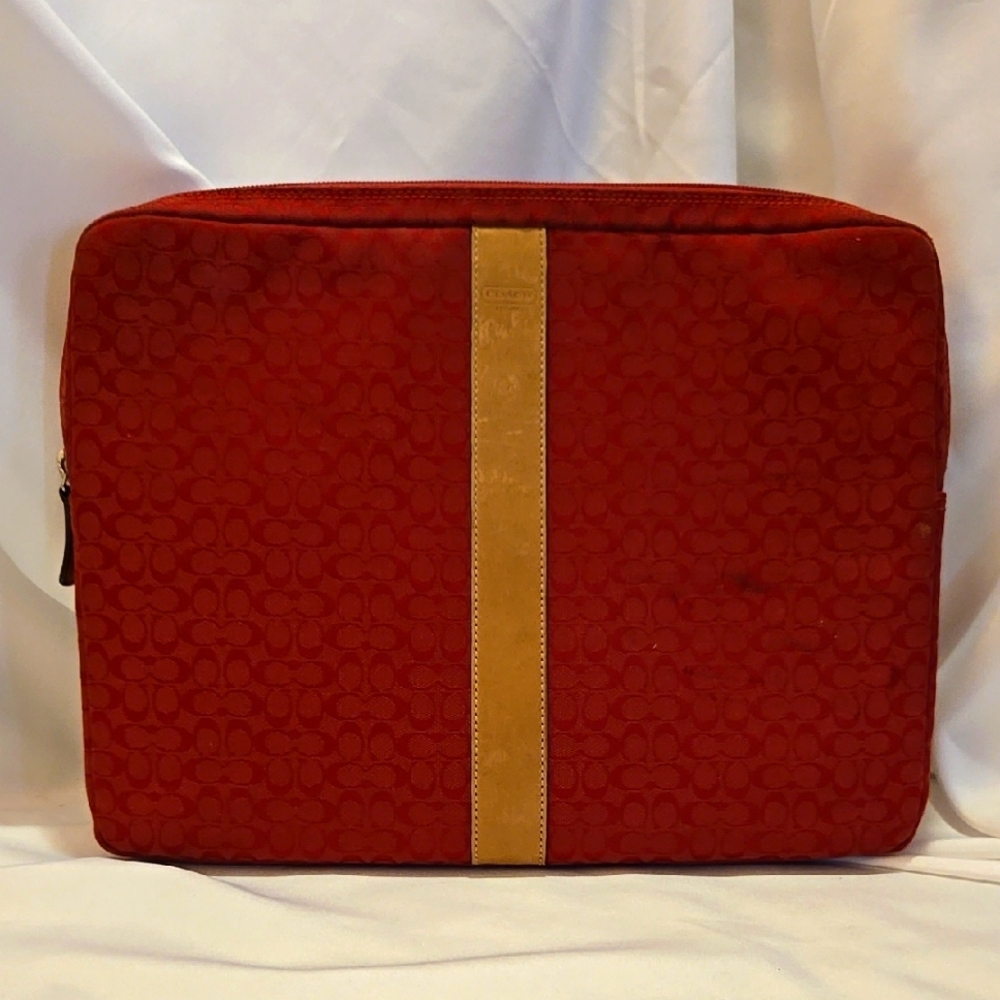 Vintage Signature Coach Laptop Case Red with Leather Accent